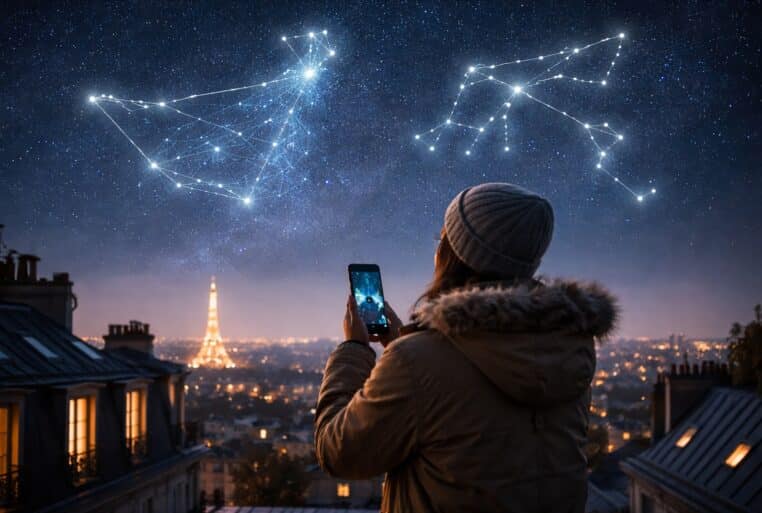 Horoscope fin janvier 2026 : une personne observe les constellations du Capricorne et du Verseau au-dessus de Paris