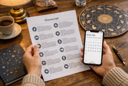 Mains tenant une feuille d’horoscope et un smartphone affichant janvier 2026 sur un bureau chaleureux.