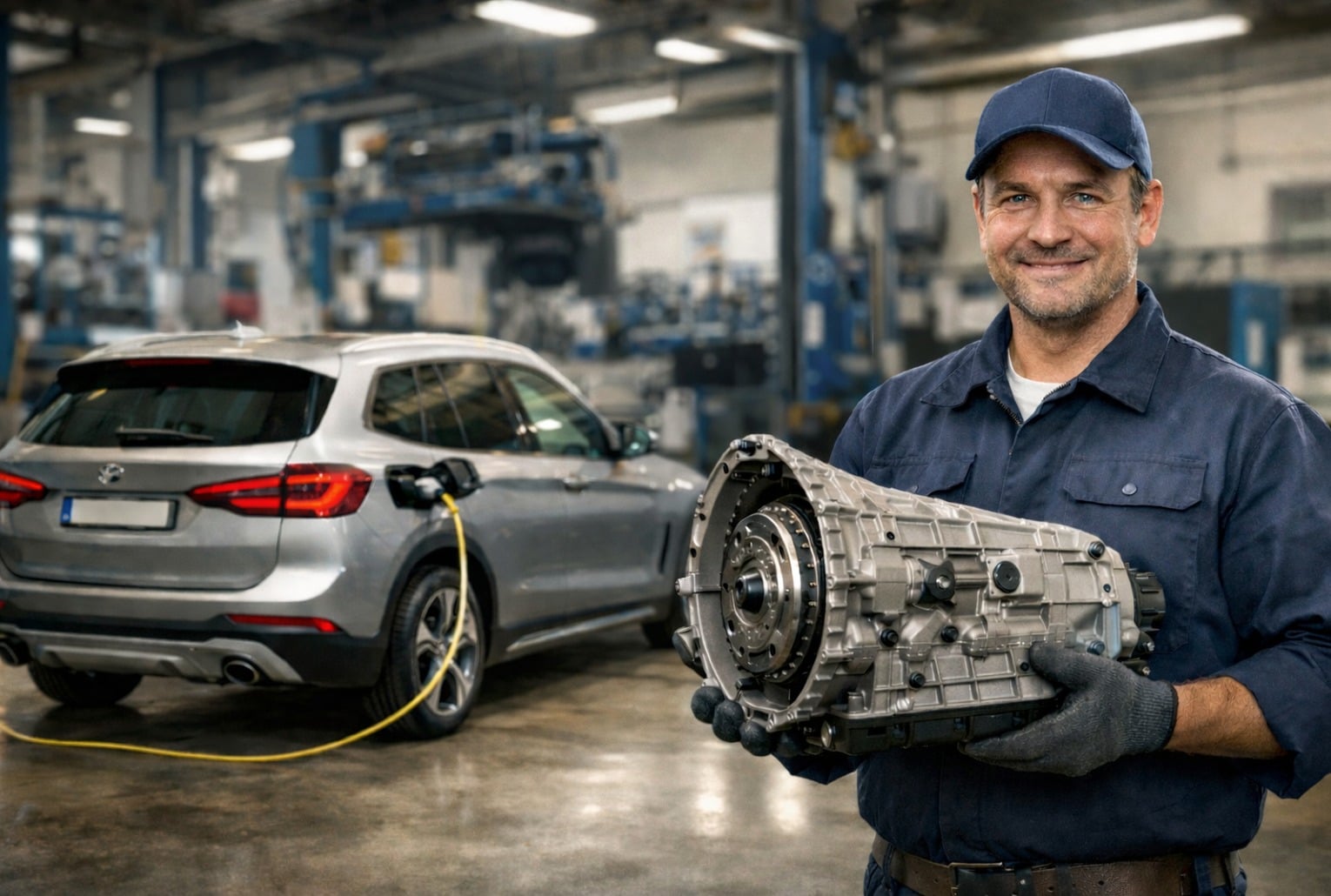 Hybride rechargeable en charge dans un atelier, boîte automatique au premier plan