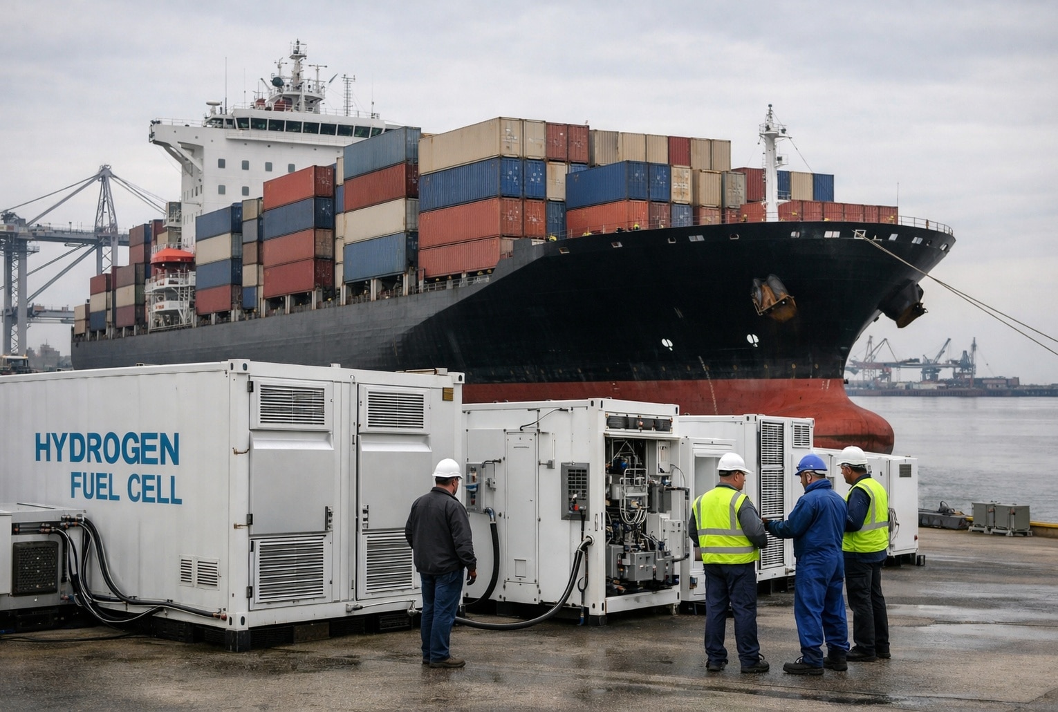 Grand porte-conteneurs à quai avec modules de piles à combustible hydrogène au premier plan, techniciens en inspection.