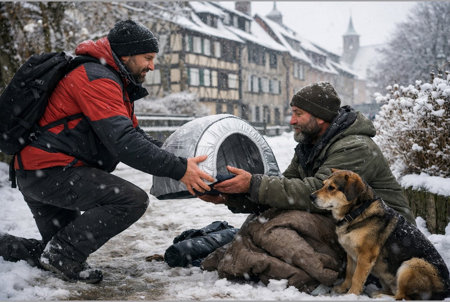 Un bénévole remet un abri thermique « iglou » à un homme sans-abri assis dans la neige, son chien à ses côtés, dans une rue hivernale de Colmar.