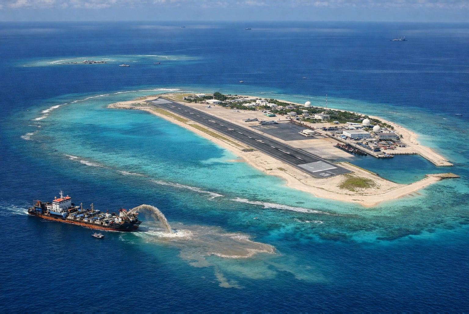 Vue aérienne d’une île artificielle avec piste et port, entourée d’un lagon turquoise en mer de Chine.