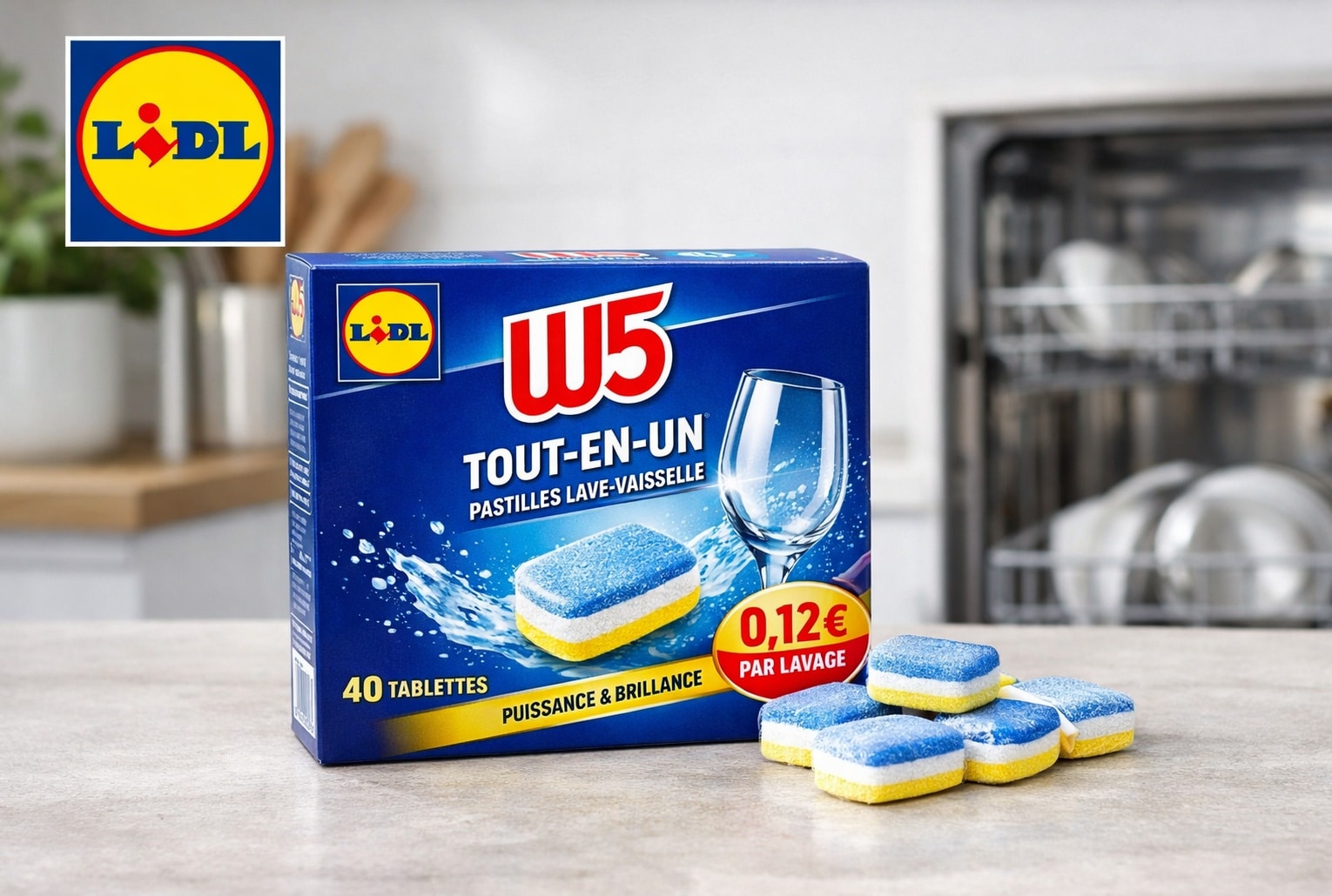 Boîte de pastilles lave-vaisselle Lidl W5 avec logo Lidl, posée sur un plan de travail, pastilles au premier plan.