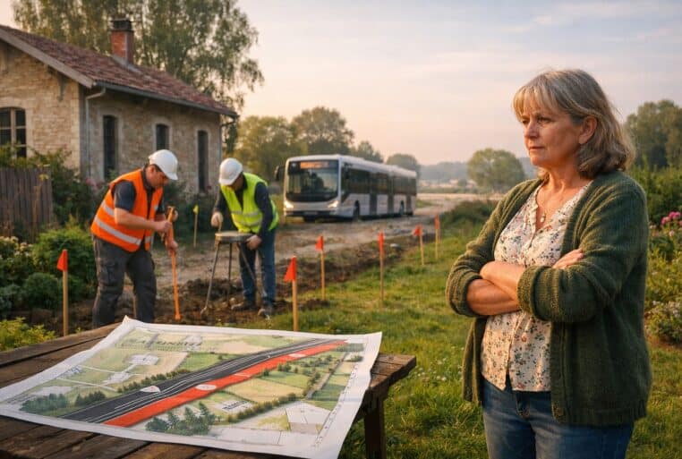 Illustration : une propriétaire découvre le futur tracé du BHNS Trévoux–Lyon, matérialisé par des piquets, au cœur de son jardin.