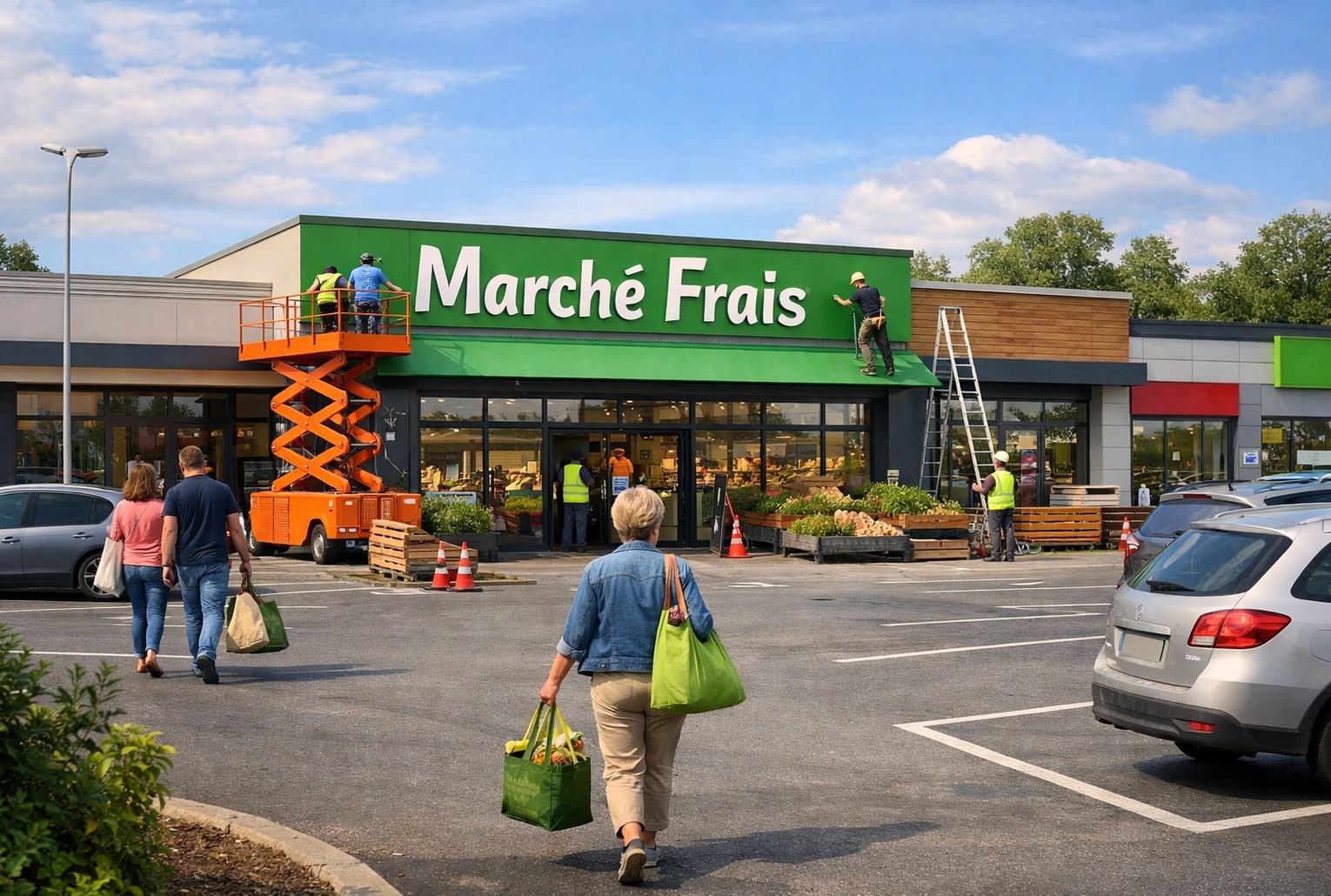 Façade d’un magasin de produits frais en zone commerciale, avec ouvriers posant une nouvelle enseigne verte, clients et parking au premier plan.