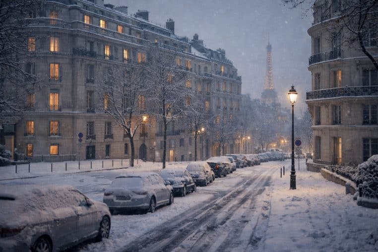 Rue parisienne enneigée au crépuscule, voitures recouvertes de neige, lampadaire allumé et tour Eiffel visible au loin sous les flocons.