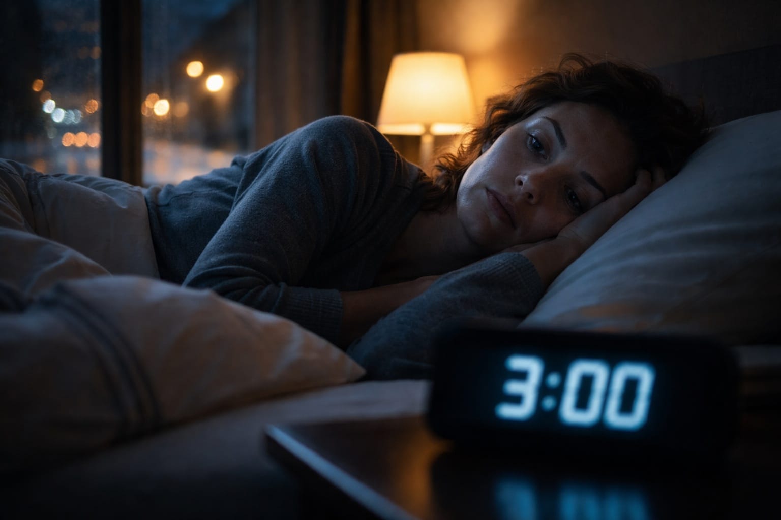 Adulte éveillée dans son lit en pleine nuit, l’air épuisé, avec un réveil indiquant 03h.