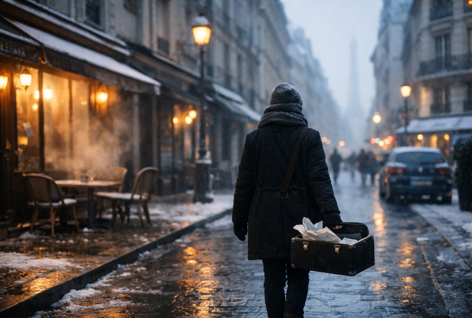 Personne marchant dans une rue de Paris enneigée au petit matin, portant une valise ouverte remplie de papiers, ambiance de lâcher-prise.