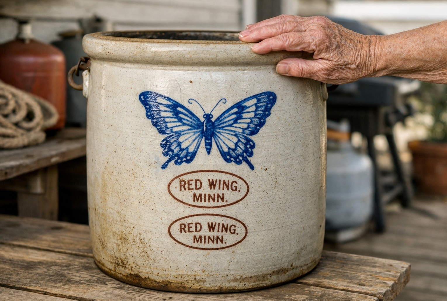Jarre Red Wing en grès décor papillon bleu, touchée par une vieille main sur un porche