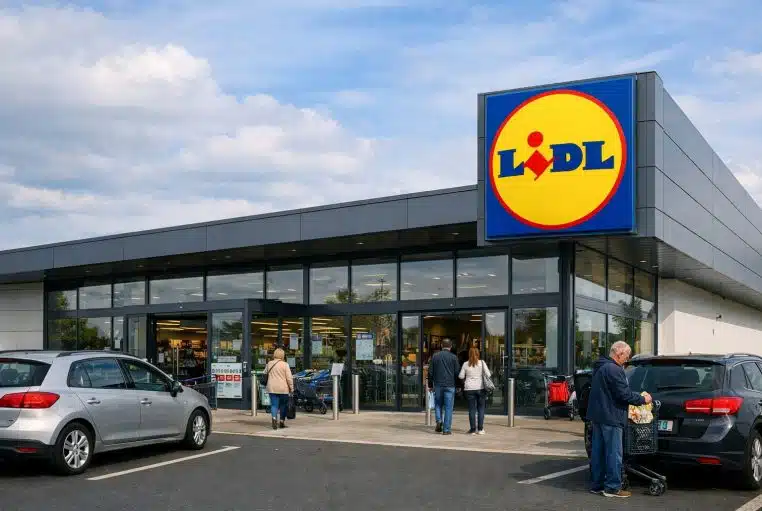 Façade d’un supermarché Lidl en France, logo bien visible, clients à l’entrée et parking au premier plan.