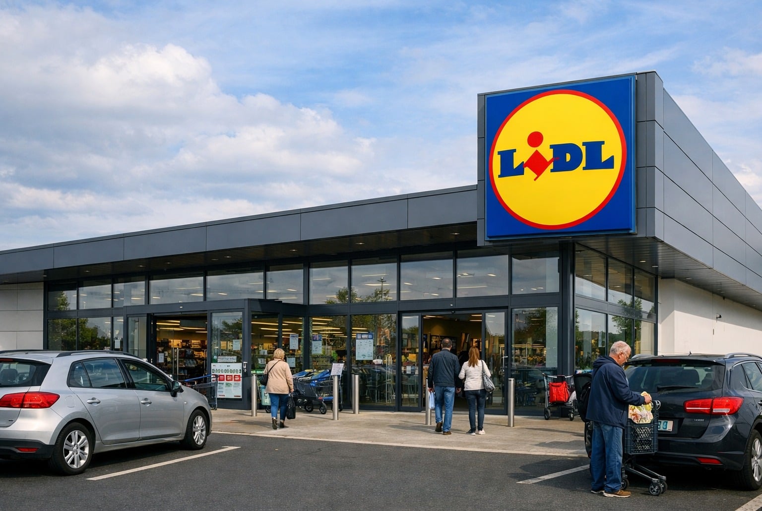 Façade d’un supermarché Lidl en France, logo bien visible, clients à l’entrée et parking au premier plan.