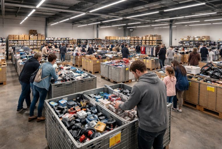 Clients fouillant des bacs de produits non alimentaires dans un magasin discount, ambiance déstockage en France.