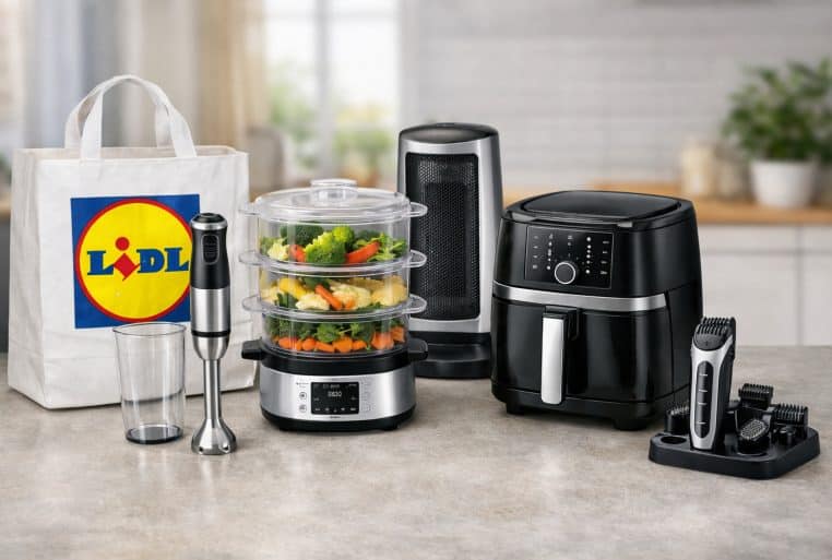 Sac Lidl avec logo au premier plan et cinq appareils du quotidien alignés sur un plan de travail : mixeur plongeant, cuiseur vapeur, chauffage tour, airfryer et tondeuse.