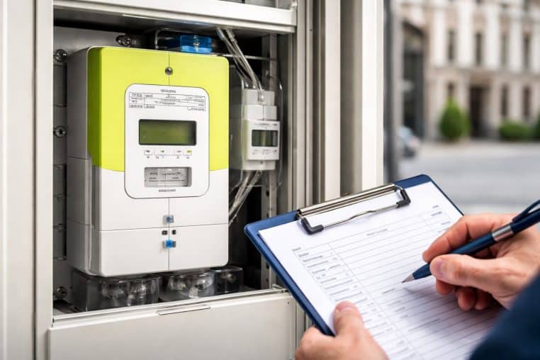 Contrôle d’un compteur Linky dans un coffret électrique, avec une main tenant un clipboard de vérification.