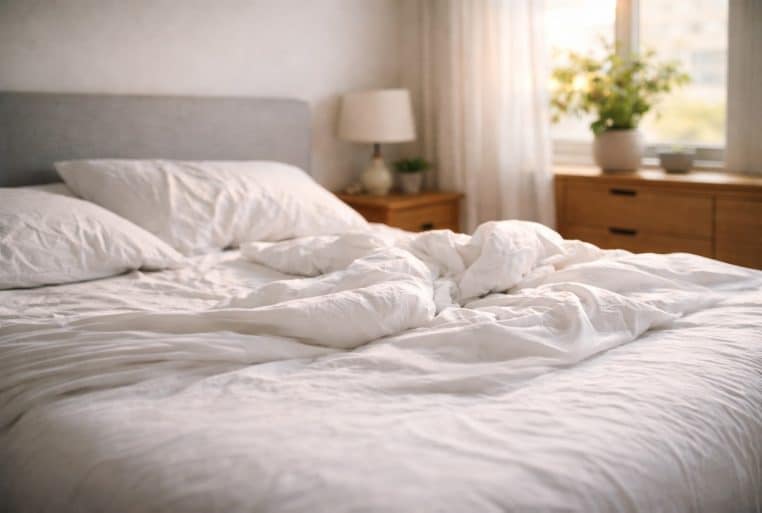 Lit défait au petit matin dans une chambre lumineuse, draps froissés et couette en bataille.