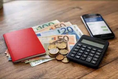Livret rouge d’épargne posé sur des billets en euros avec pièces, calculatrice et smartphone, ambiance réaliste.