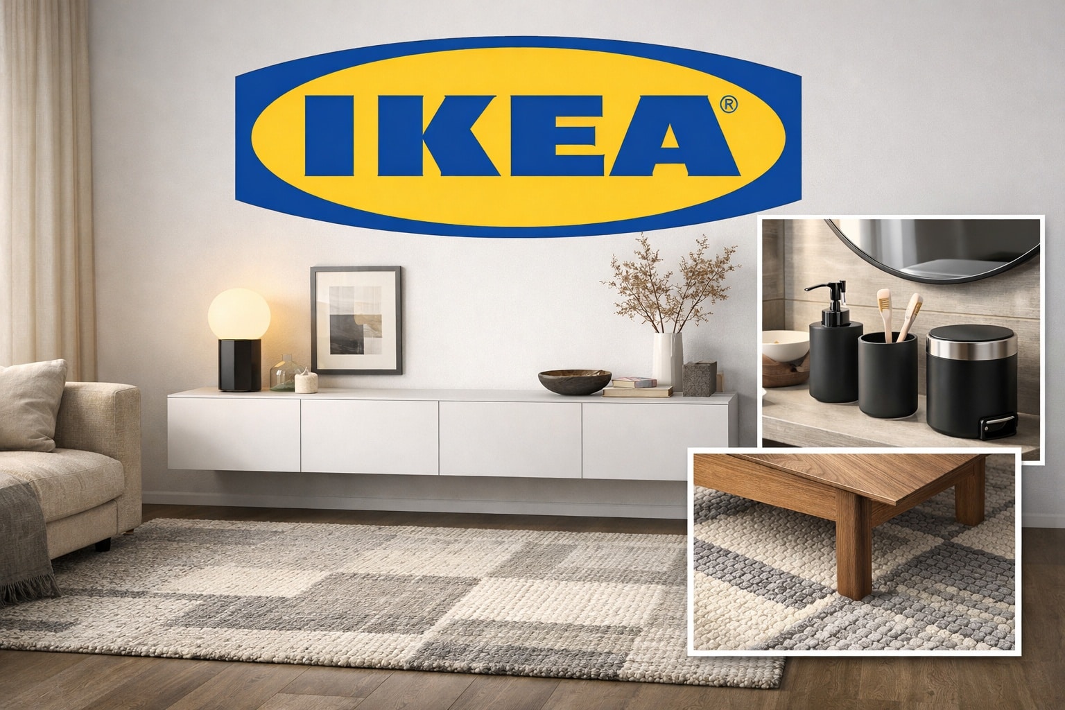 Logo IKEA avec BESTÅ, tapis STOCKHOLM et accessoires TOFTAN mis en avant dans une mise en scène déco premium.