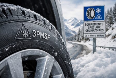 Loi Montagne 2026 : pictogramme 3PMSF sur un pneu hiver et panneau « équipements spéciaux obligatoires »