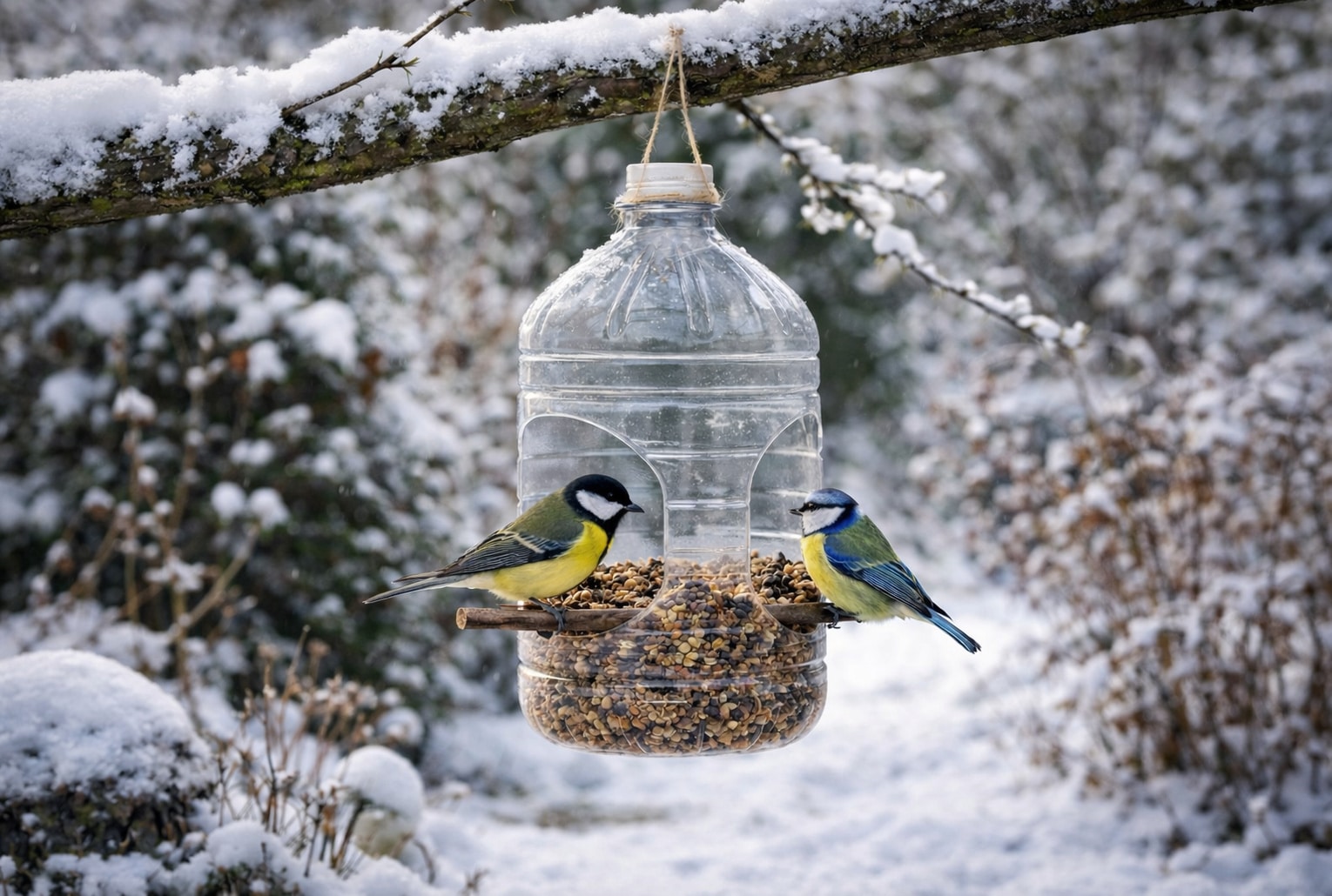Mangeoire DIY en bouteille plastique suspendue en hiver, avec une mésange charbonnière et une mésange bleue qui mangent des graines.