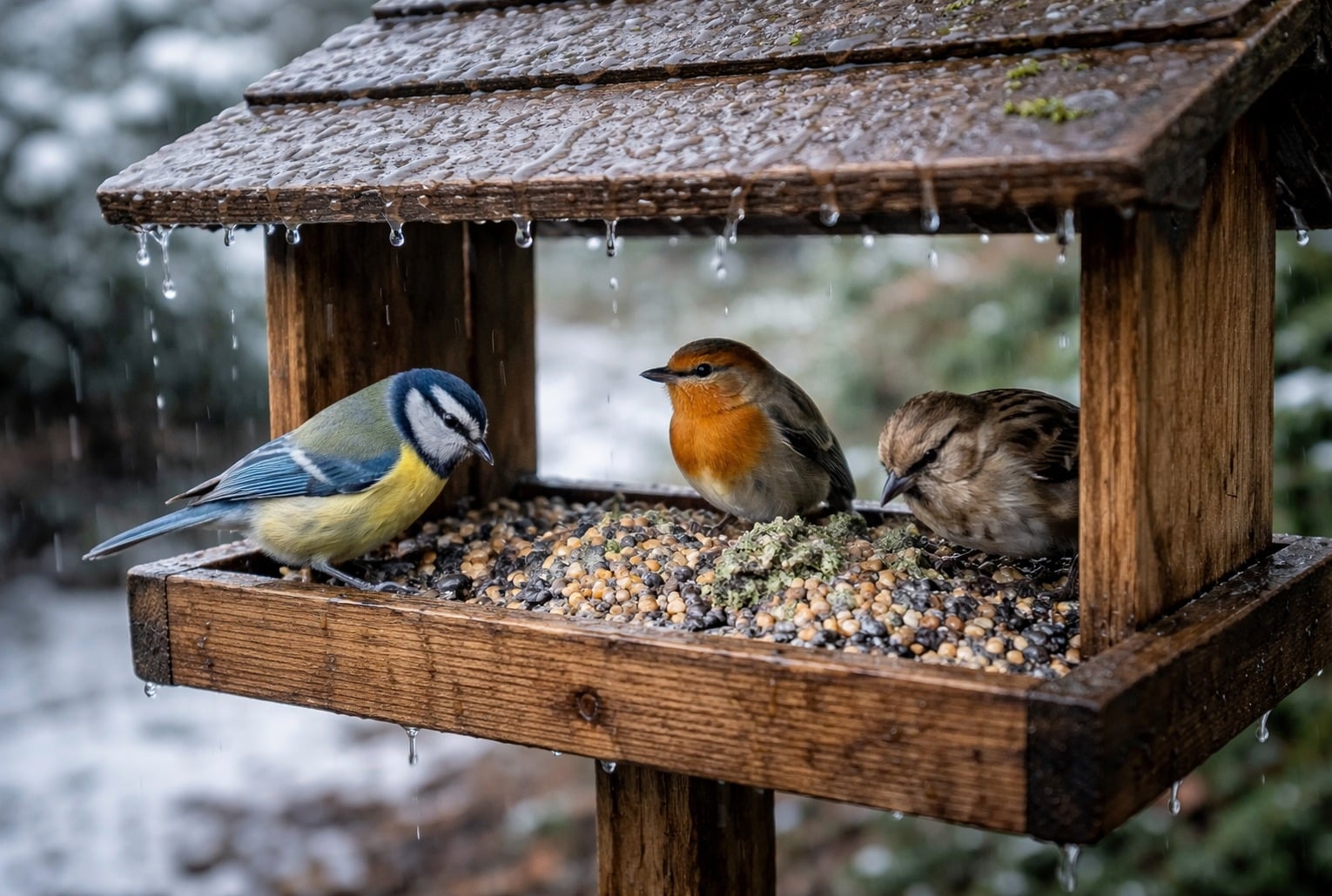 Mangeoire oiseaux sous la pluie : graines mouillées et moisissures, mésange bleue, rouge-gorge et moineau au jardin en hiver