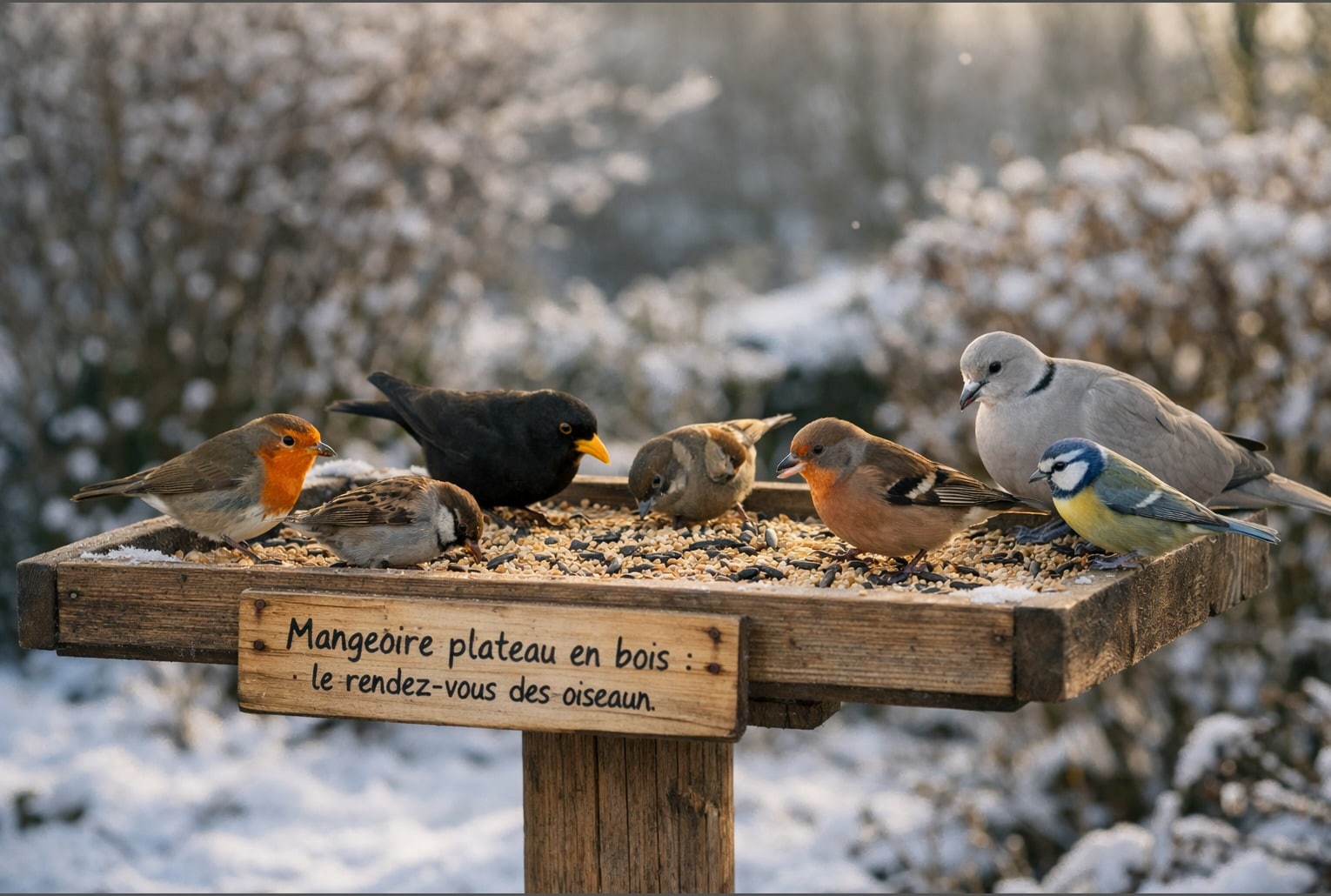 En plein hiver, une mangeoire plateau en bois devient un vrai carrefour d’oiseaux au jardin.