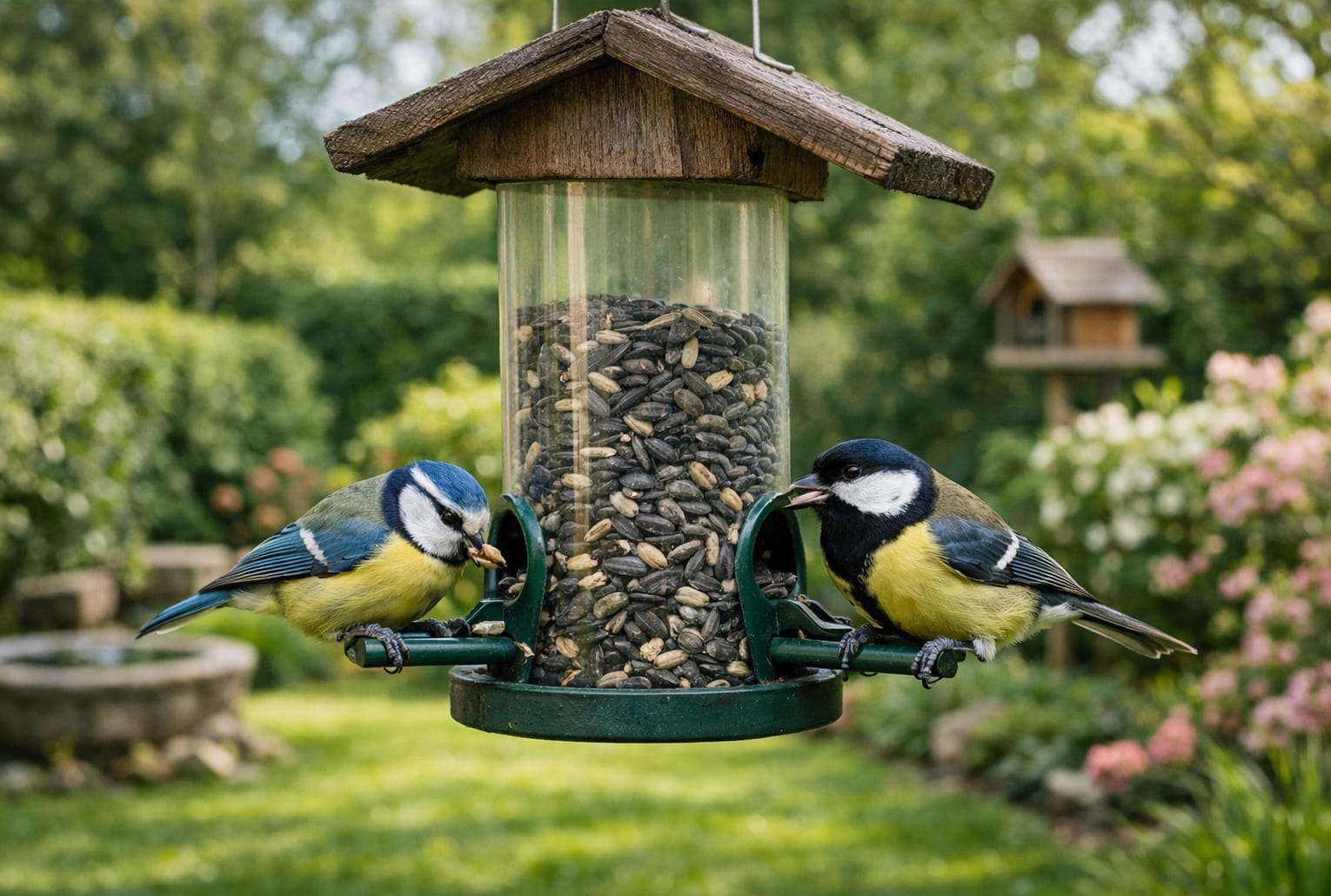 Mésanges dans votre jardin : une mésange bleue et une mésange charbonnière sur une mangeoire de graines.