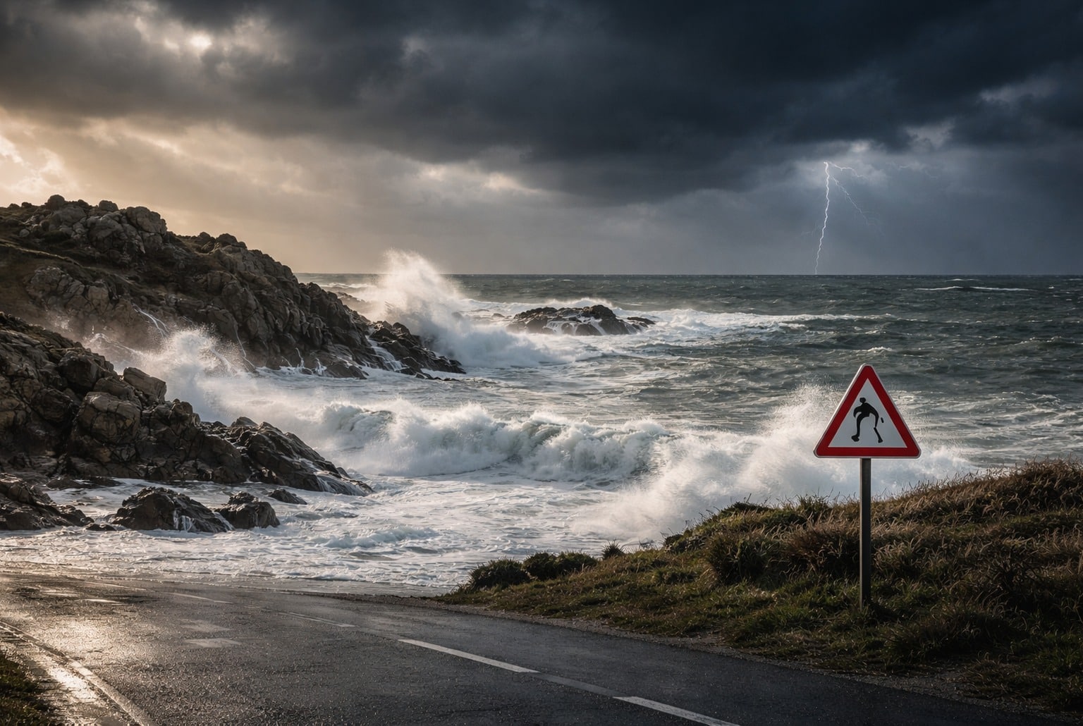 Côte bretonne sous ciel d’orage, mer déchaînée et rafales, avec éclair au loin près du rivage