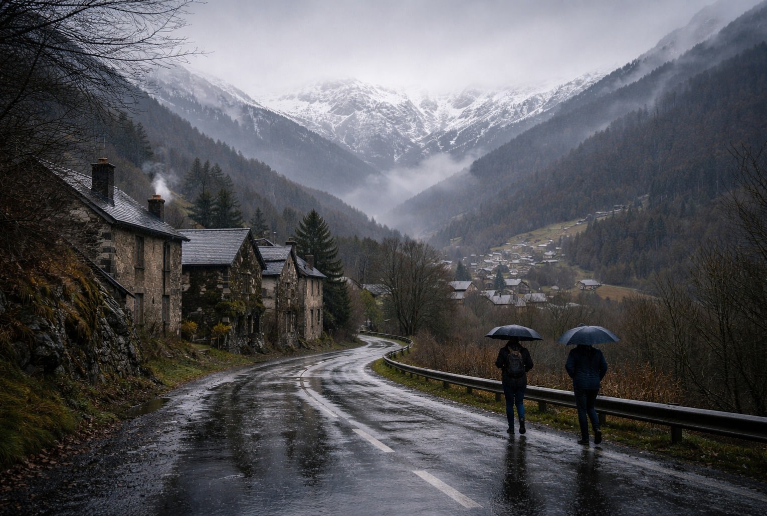 Route de montagne mouillée sous la pluie près d’un village, deux silhouettes sous parapluies, sommets enneigés dans la brume.