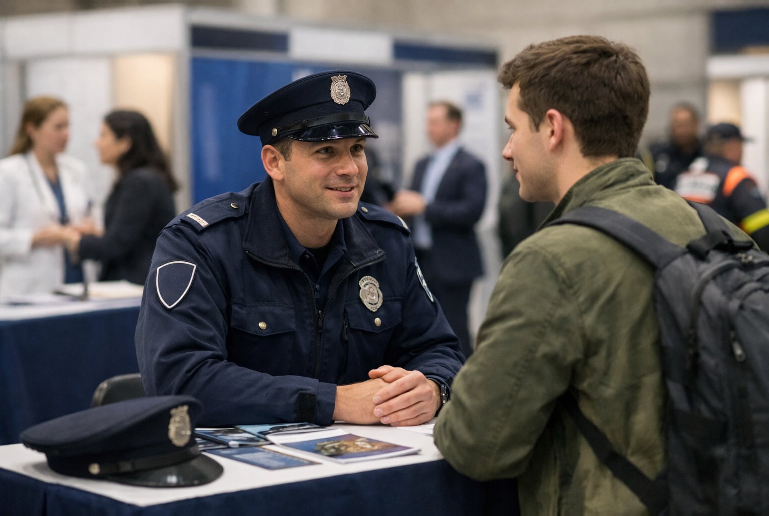 Jeune candidat échange avec un policier sur un stand de recrutement lors d’un forum des métiers en intérieur.