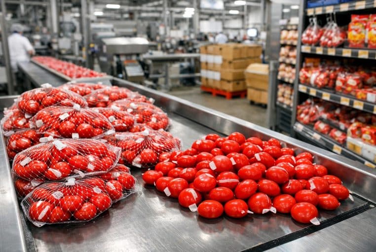 Filets de petits fromages ronds en cire rouge sur un convoyeur, dans une usine agroalimentaire animée.