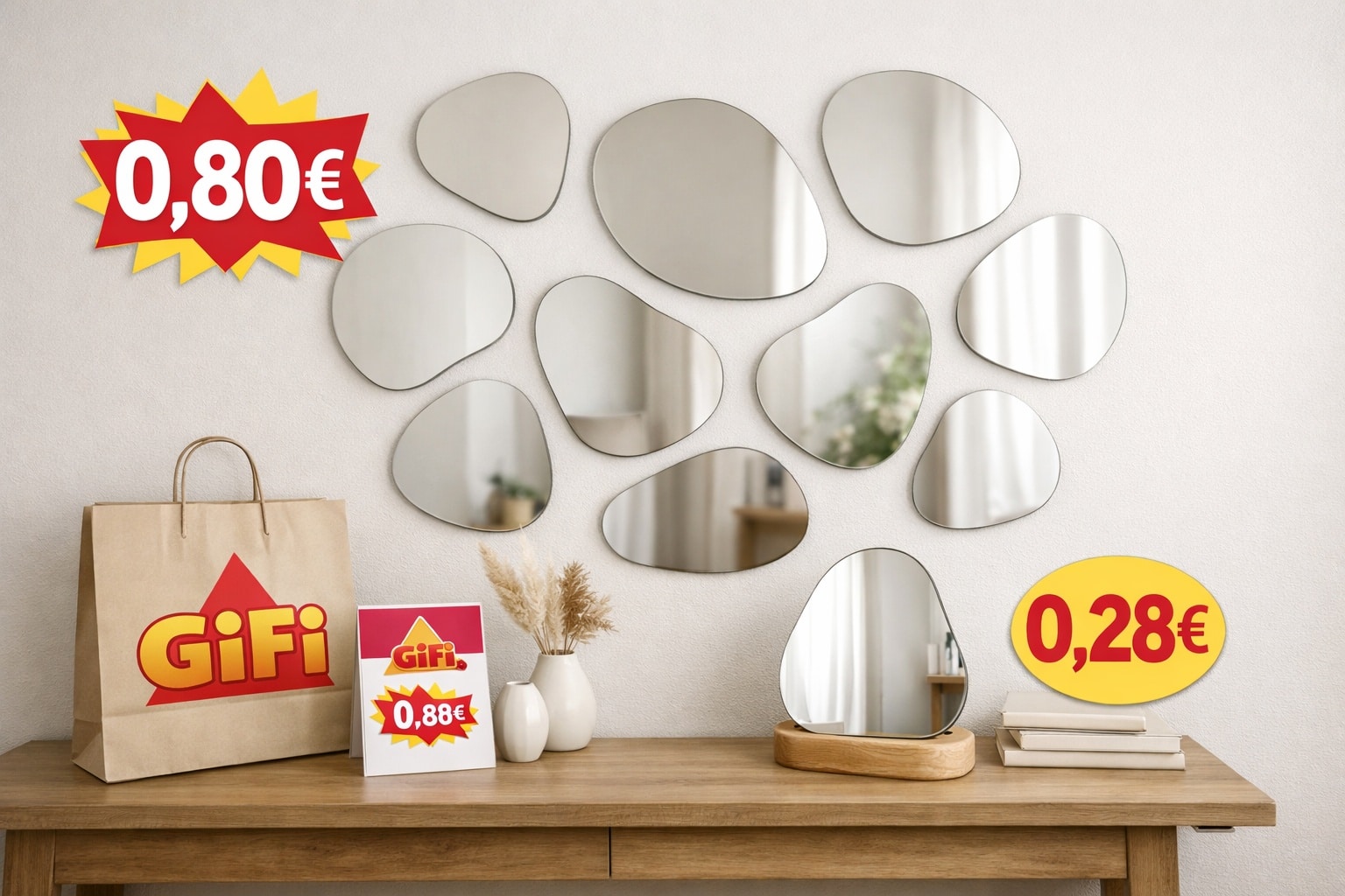 Mur blanc avec composition de miroirs organiques et sac GiFi, prix mis en avant à 0,80 € et 0,28 € sur un meuble en bois.