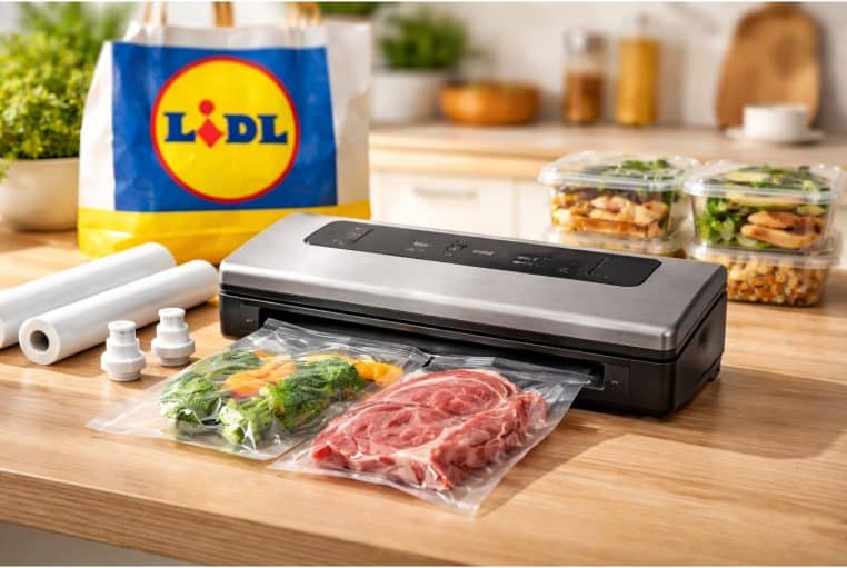 Appareil de mise sous vide avec sachets scellés, rouleaux et adaptateurs, logo Lidl visible en arrière-plan.
