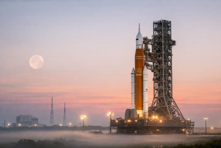 Fusée SLS et capsule Orion sur le pas de tir au lever du jour, avec la Lune visible dans le ciel.