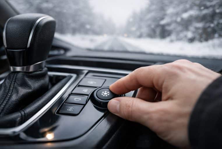 Main d’un conducteur activant le mode neige (flocon) sur la console, route enneigée visible devant.