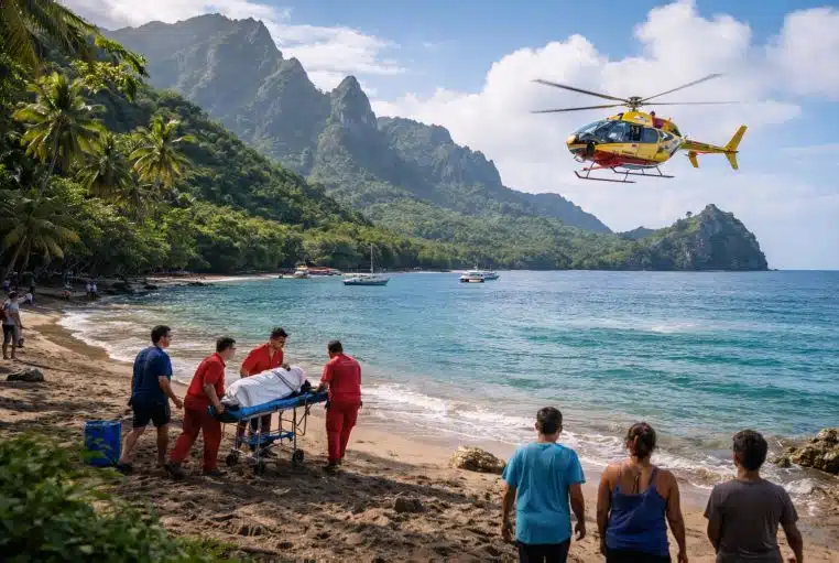 Secours sur la plage de Hanavave à Fatu Hiva, Marquises, hélicoptère mobilisé après une attaque