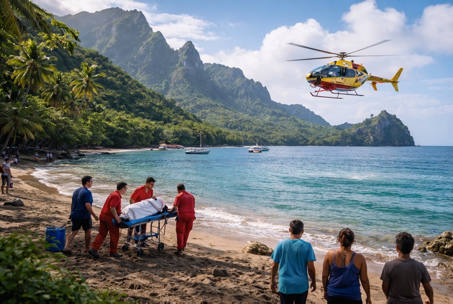Secours sur la plage de Hanavave à Fatu Hiva, Marquises, hélicoptère mobilisé après une attaque
