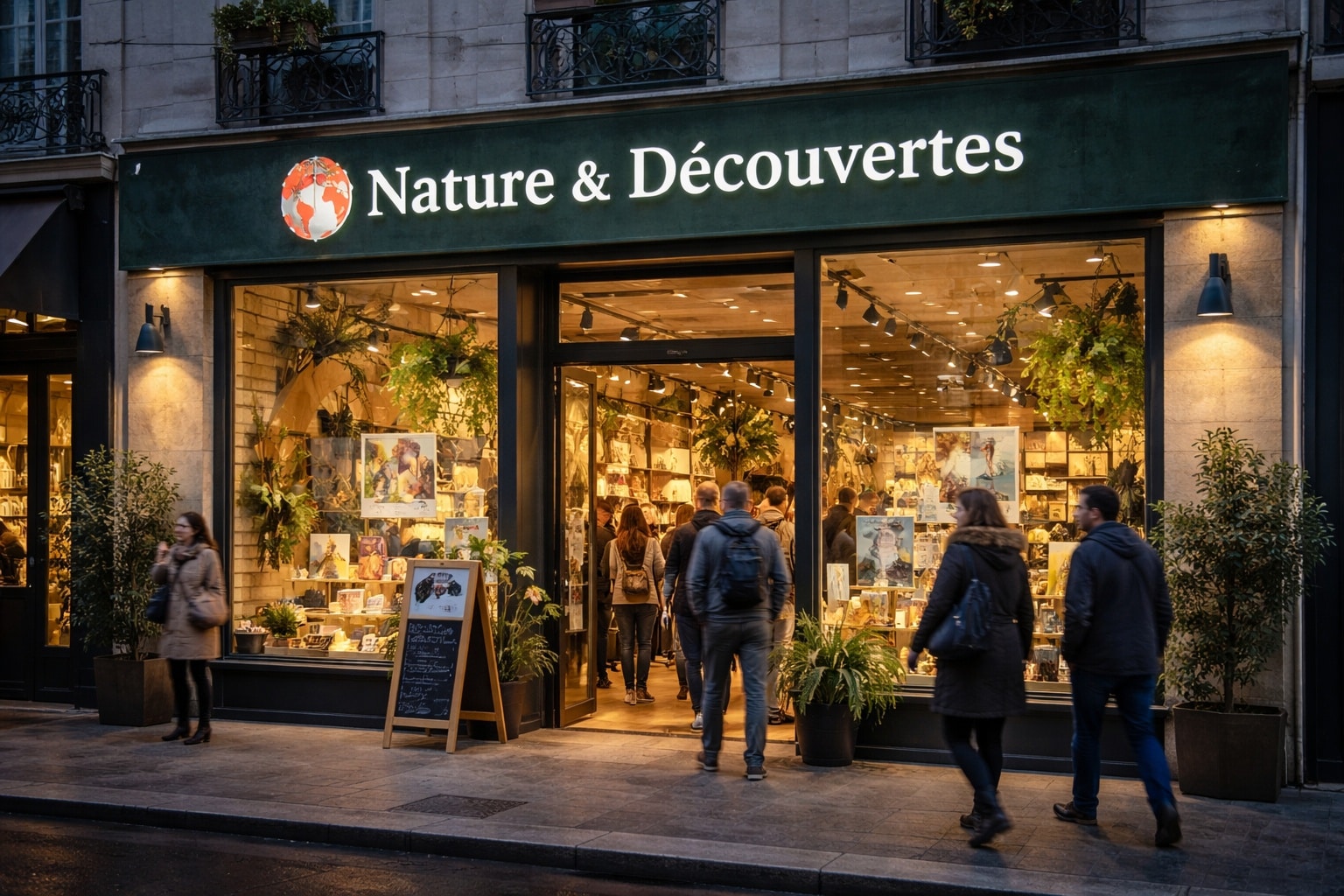 Devanture d’un magasin Nature & Découvertes en centre-ville, vitrine éclairée et clients entrant, dans le contexte de la cession par Fnac Darty