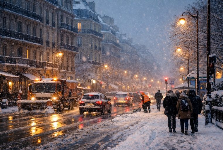 Rue haussmannienne sous une forte neige, voitures au ralenti et piétons emmitouflés à la tombée du jour.