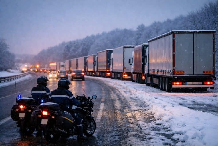 Files de camions stockés sur l’A6 enneigée au lever du jour, sous la surveillance de gendarmes