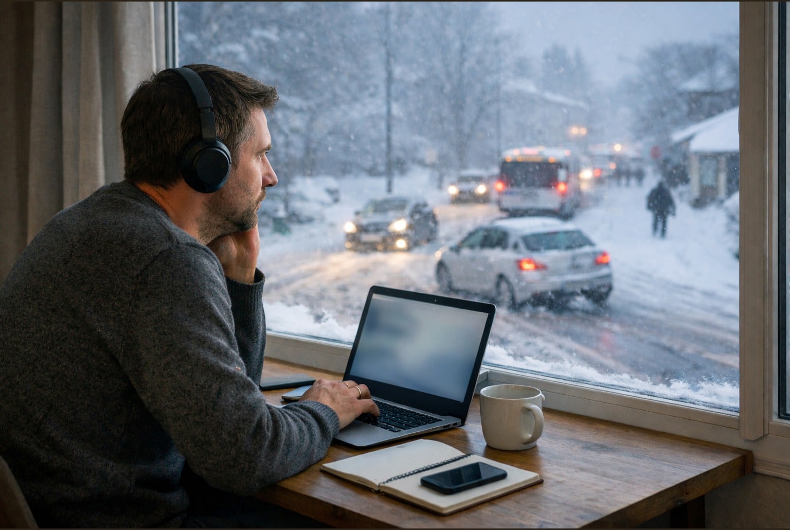 Salarié en télétravail près d’une fenêtre, observant une rue enneigée et des voitures au ralenti dehors.