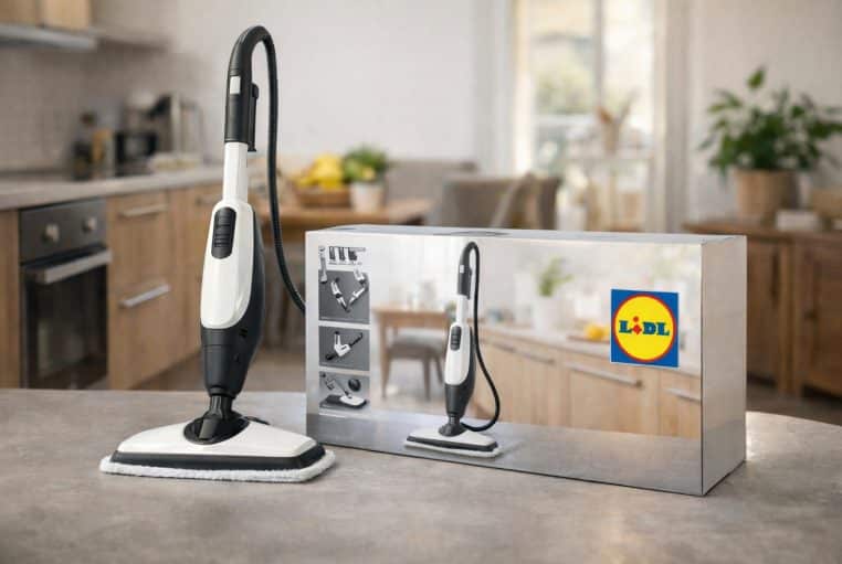 Nettoyeur vapeur 2-en-1 posé dans une cuisine, avec sa boîte marquée du logo Lidl, en lumière naturelle.