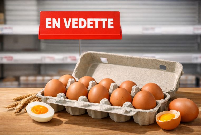 Une boîte d’œufs “en vedette” sur un linéaire de supermarché, symbole d’un produit très recherché quand les rayons se vident.
