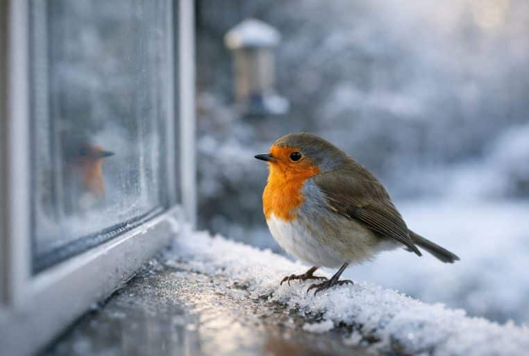 Rouge-gorge européen posé sur un rebord de fenêtre givré, reflet visible dans la vitre, jardin enneigé en arrière-plan.