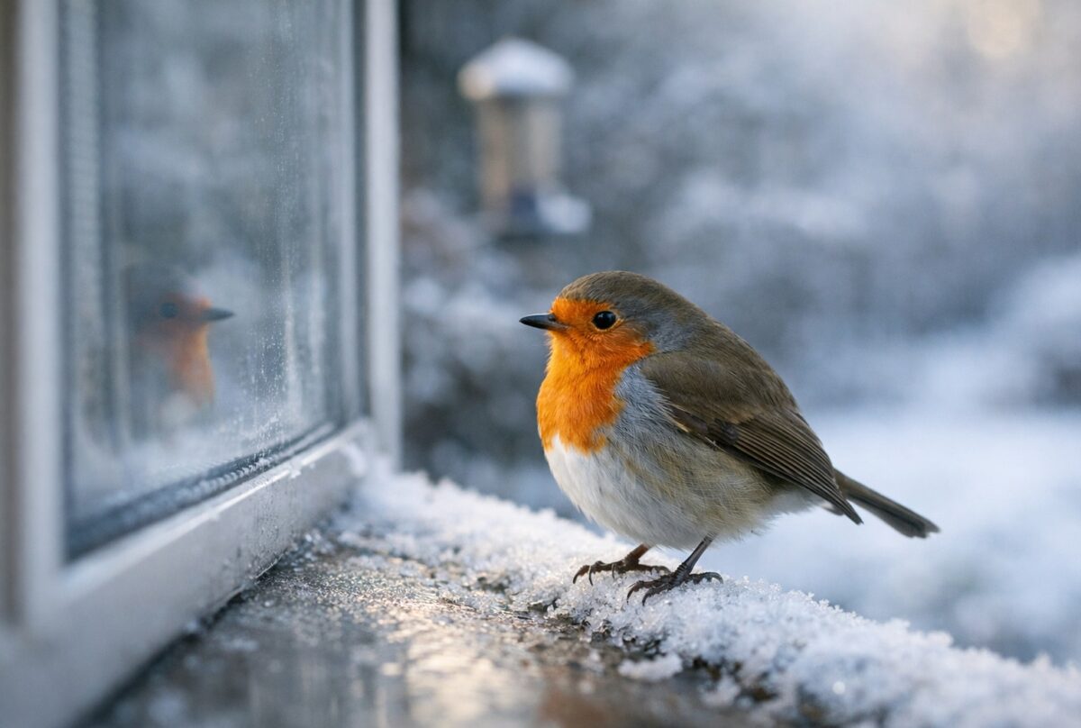 Rouge-gorge européen posé sur un rebord de fenêtre givré, reflet visible dans la vitre, jardin enneigé en arrière-plan.