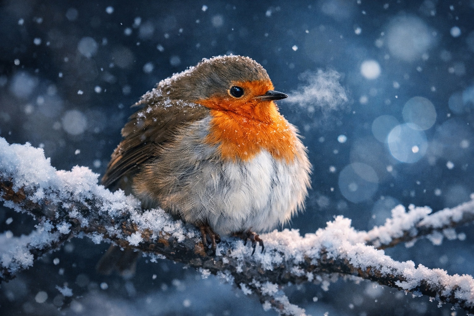 Oiseaux en hiver : rouge-gorge gonflant son plumage sur une branche enneigée
