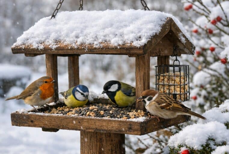 Nourrir les oiseaux en hiver : mangeoire en bois sous la neige avec rouge-gorge et mésanges