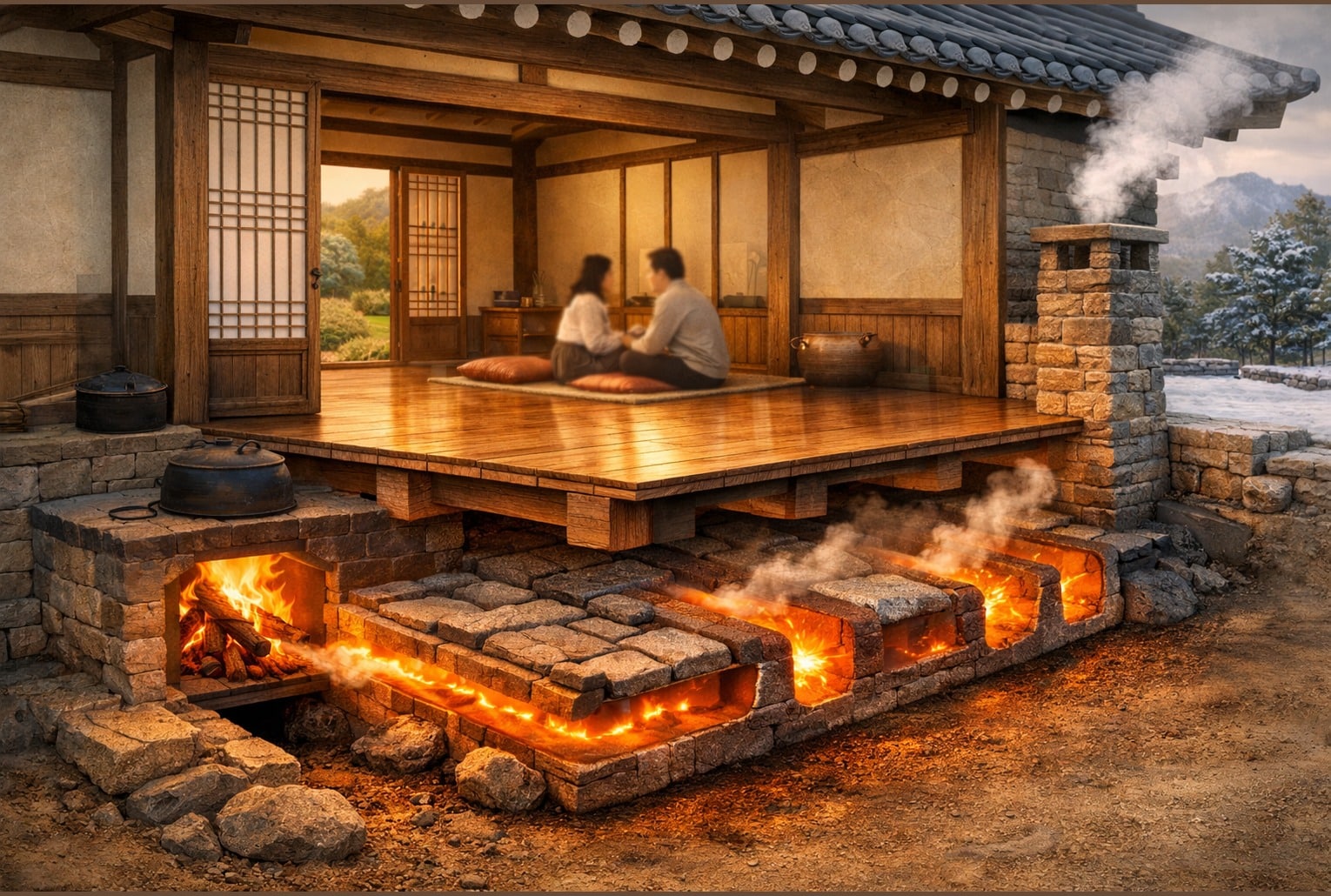 Coupe d’une maison coréenne traditionnelle montrant un ondol, avec foyer de cuisine et conduits chauffant le sol.