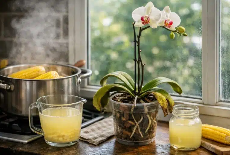 Orchidée Phalaenopsis sur un rebord de fenêtre, avec de l’eau de maïs bouilli filtrée en engrais maison.