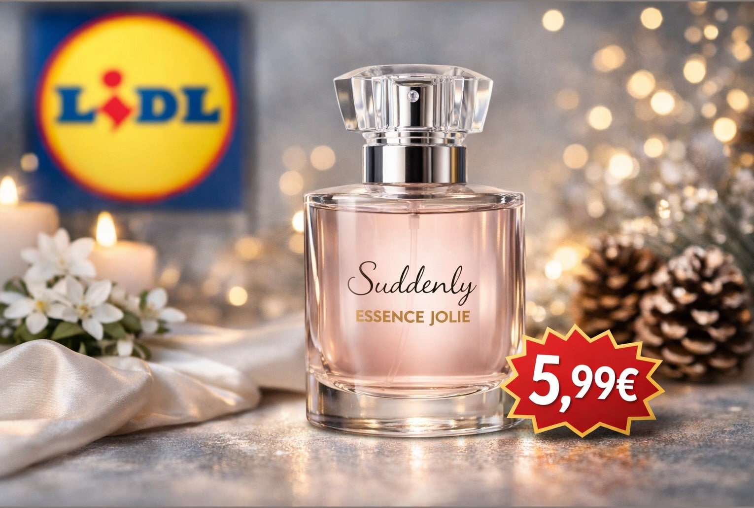 Visuel publicitaire hivernal du parfum Lidl Suddenly Essence Jolie avec logo Lidl et pastille prix 5,99 €.