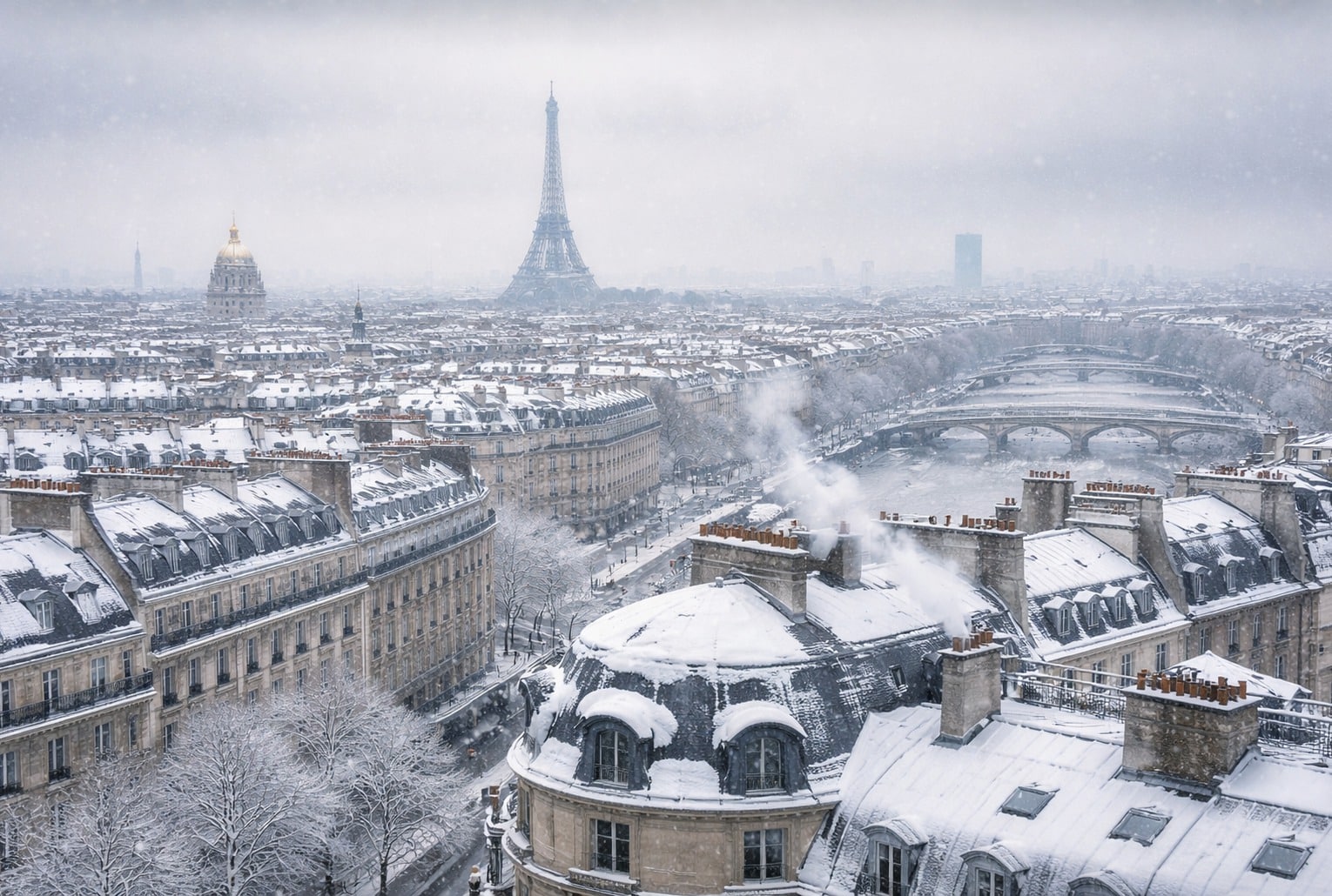 Vue panoramique de Paris sous la neige, avec la tour Eiffel au centre et des toits haussmanniens blanchis au premier plan.